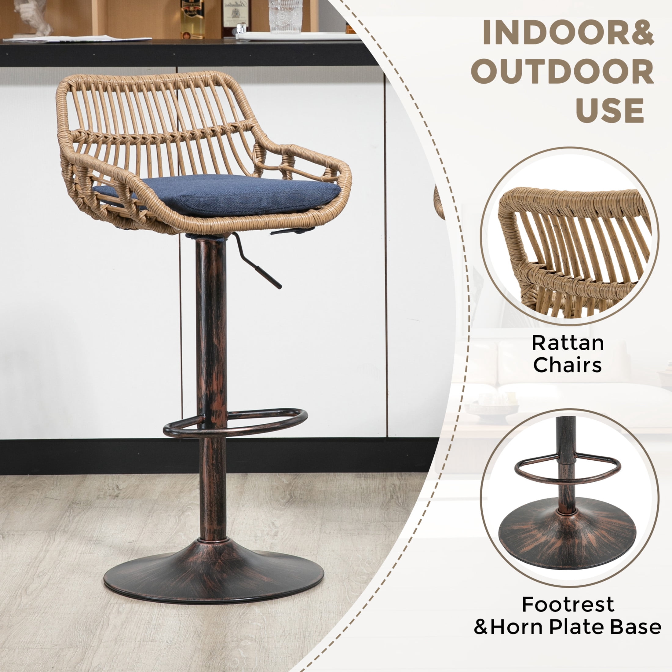 Noble House Swivel Bar Stools Set of 2, Adjustable Counter Height Chairs with Footrest, Blue