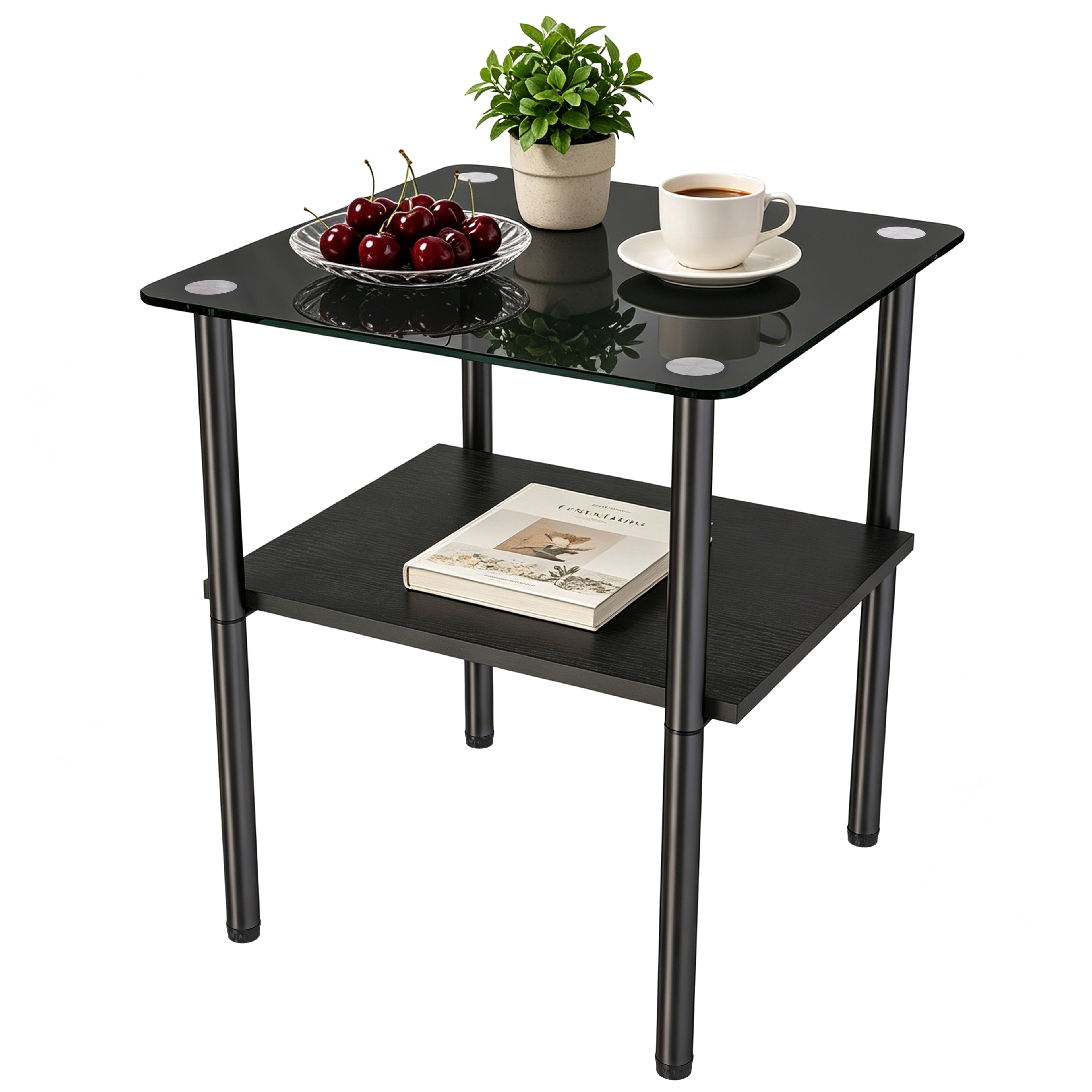 2-piece Modern Rectangular Glass Side Table, Tempered Glass Tabletop, MDF Storage Shelf & Metal Legs, Minimalist Sofa Side Table for Living Room & Bedroom