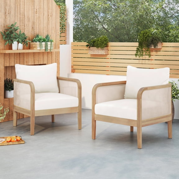 Outdoor Chairs Set of 2, Wood Patio Club Chair with Deep Seating 4.7 inch Cushions, Armrest Porch Chair for Porch, Garden, Backyard, Balcony, Light Teak Finish, Beige