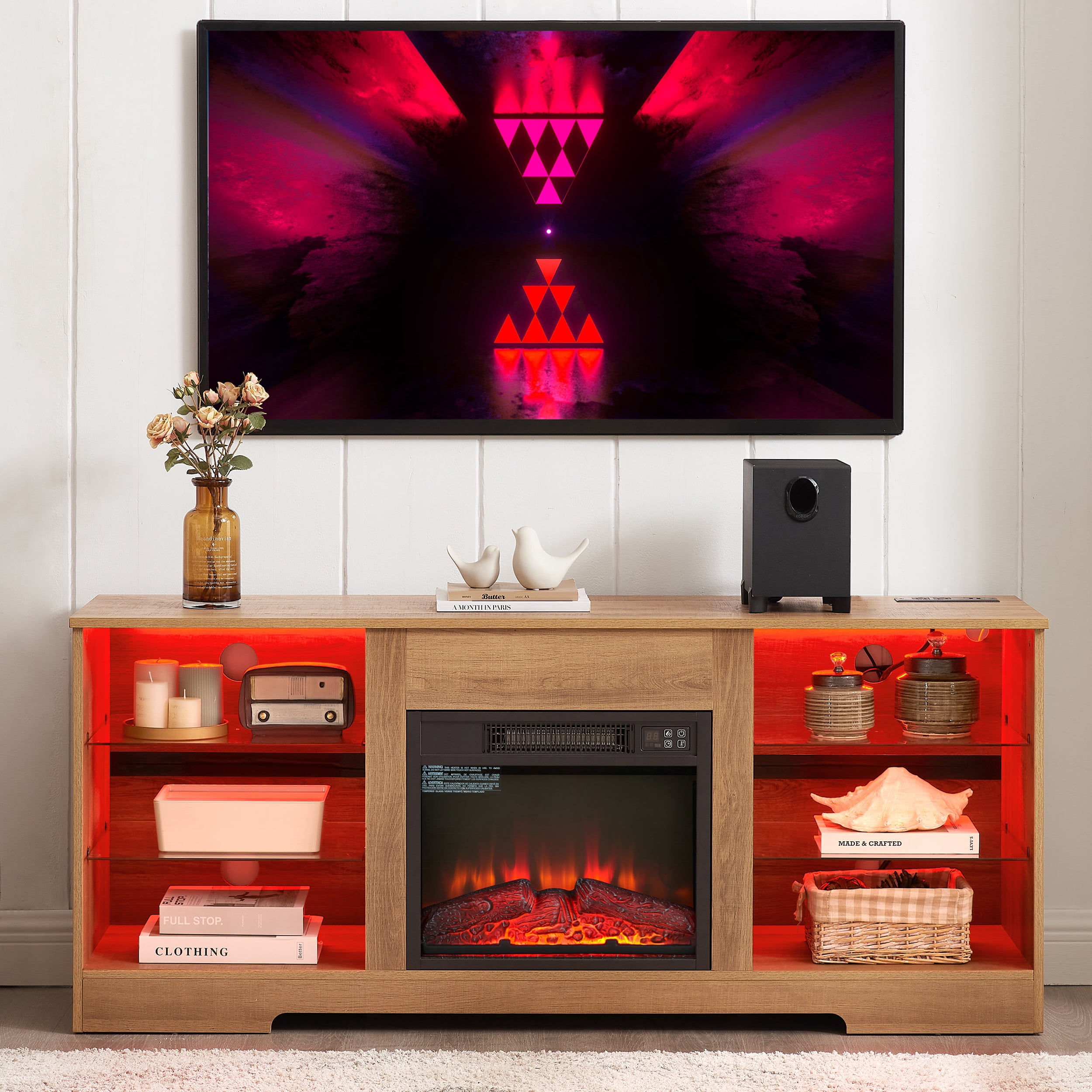 PAPROOS Fireplace TV Stand for 65 Inch TV, Farmhouse Entertainment Center with 18'' Fireplace, Electric Fireplace TV Stand with LED Light & Charging Station, TV Console for Living Room, Oak