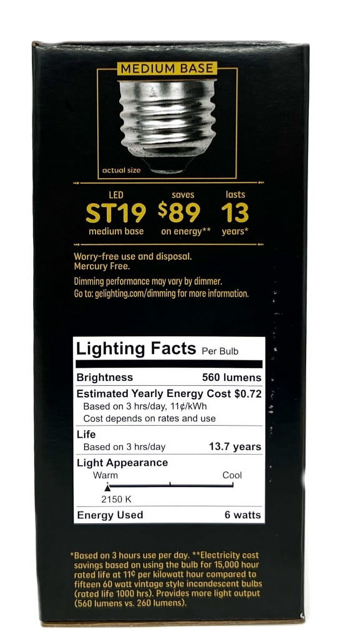(4 bulbs) GE Vintage LED ST19, Amber Glass, 6 watts, 560 lumens, Dimmable, Medium base, Vintage Style LED Light Bulb