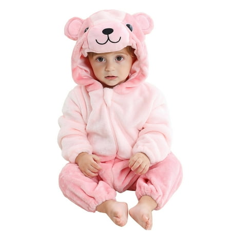 

NaWent Clearance Toddler Boys Girls Cute Cosplay Romper Long Sleeve Hooded Jumpsuit Cute Flannel Clothes Pink 3 Months