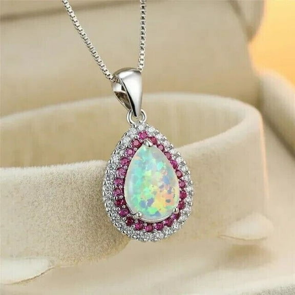 Gaspara Opal & Ruby Women's Teardrop Pendant Chain 14K White Gold Plated