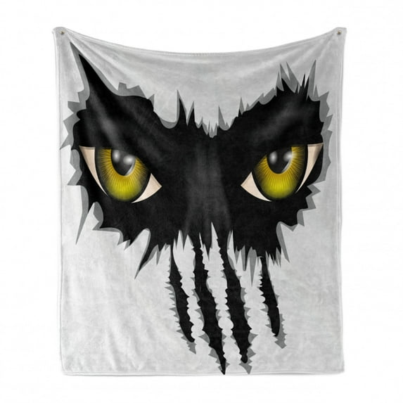 Eye Soft Flannel Fleece Blanket, Evil Eyes of Wild Black Cat Staring Face Werewolf Animal Monster Scratch Danger, Cozy Plush for Indoor and Outdoor Use, 70" x 90", Yellow Black Grey, by Ambesonne