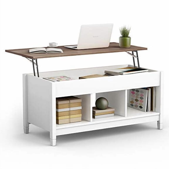DORTALA Lift Top Coffee Table, Wood Cocktail Table w/Hidden Compartment & Lower Storage Shelves, Wood Laptop Table, Lift Tabletop Home Furniture for Living Room, Guest Room, Office, White