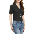 thumbnail image 5 of Allegra K Women's Camp Collar Button Front Textured Short Bubble Sleeve Shirt, 5 of 6