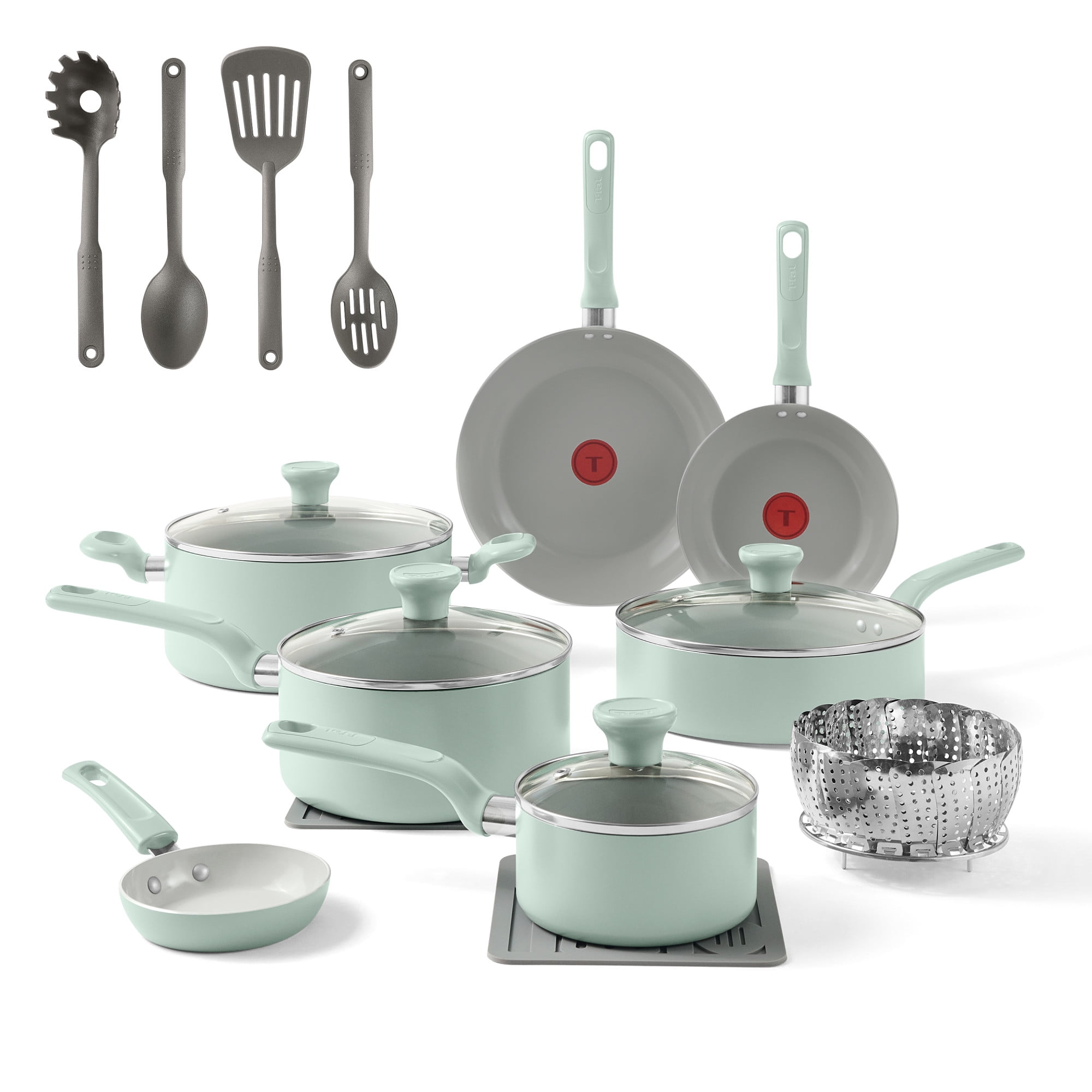 T-fal Easy Care 18 Piece Ceramic Nonstick Cookware Set, Pots and Pans, Mint Green