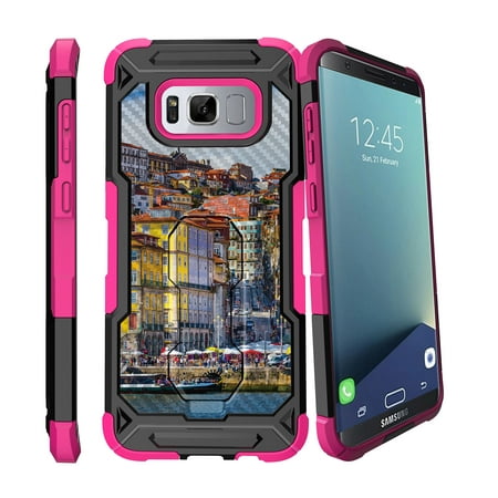 Case for Samsung Galaxy S8 Plus Version [ UFO Defense Case ][Galaxy S8 PLUS SM-G955][Pink Silicone] Carbon Fiber Texture Case with Holster + Stand City Travel