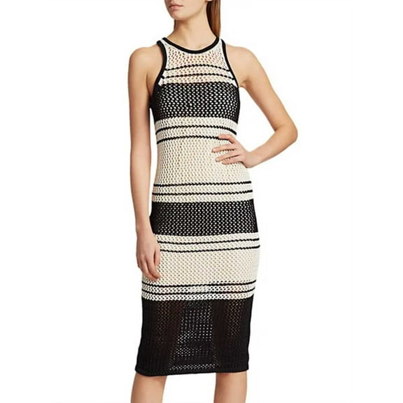 Black Striped Bikini Cover-ups Crochet Tunic Casual O-neck Sleeveless Women Midi Dress Beach Wear Swim Suit Cover Up