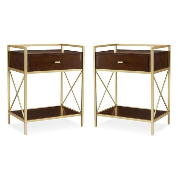 Home Square Nightstand with Top AC USB Charging in Walnut Brown - Set of 2