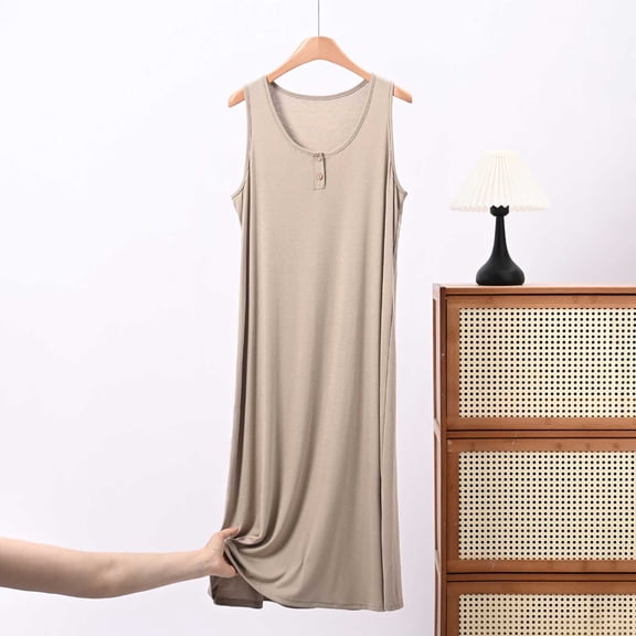 Ohufall Fashion Womens Nightgown Sleeveless Crew Neck Loose Sleepshirts Button Comfort Long Dress Homewear
