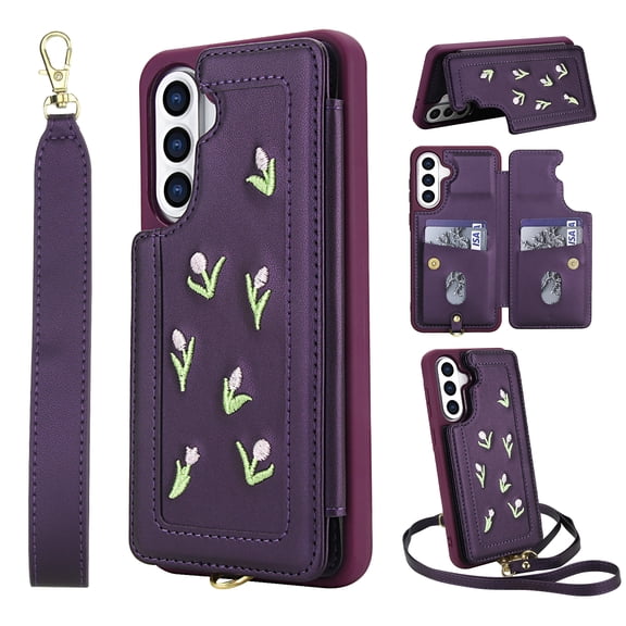 Dteck Wallet Case for Samsung Galaxy A54 5G,Magnetic Leather Card Slots Wallet Case Shockproof Rubber Kickstand Back Cover with Detachable Shoulder Strap/Wrist Strap,Purple