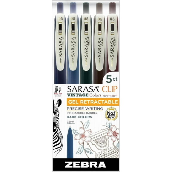 Sarasa Clip Vintage Gel Retractable 0.5mm Pens Assorted Dark Colors 5-Pack