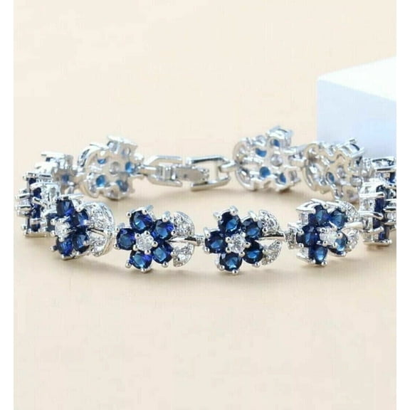 15CT Blue Sapphire & Round Diamond Lab Created Tennis Bracelet 14K White Gold Plated
