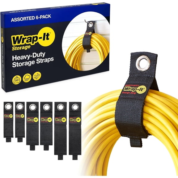 Heavy-Duty Straps (Assorted 6 Pack) - Garage Storage Extension Cord Management Cable Straps for RV Accessories and Shed Organizer