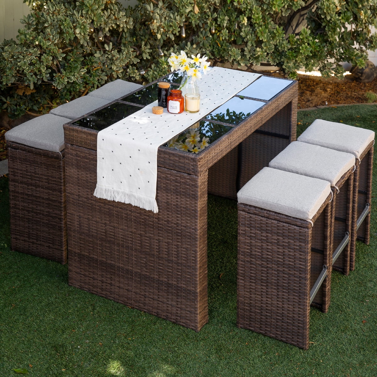Barton 7PCS Patio Rattan Wicker Bar Table Stools Dining Set Cushioned