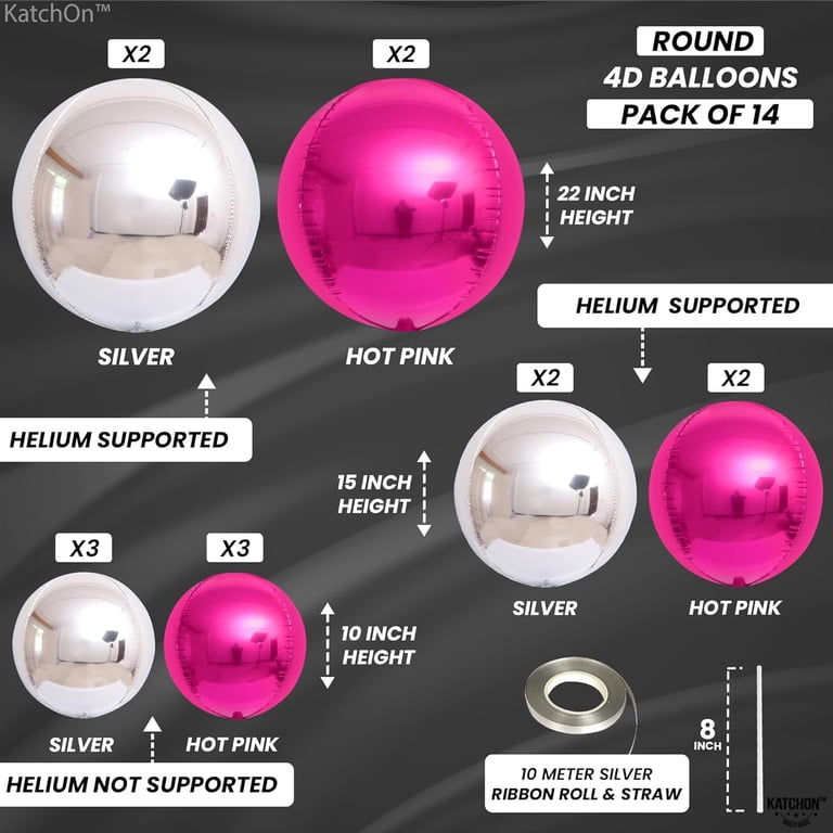 Hot Pink & Silver Foil Balloons - Pack Of 14 (22, 15, 10 Inch) For Bachelorette, Birthday, Bridal Shower