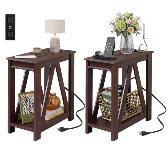 GALAXHERO Set of 2 Farmhouse End Tables with Charging Station Slim Sofa Side Tables with Open Storage Shelf End Table for Living Room Espresso