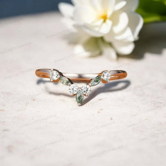 JEWELRYTREASURE Curved Moss Agate Band Yellow Gold Plated Wedding Band V Shape Diamond Band Stacking Jewelry for Women Birthday Gift Rings