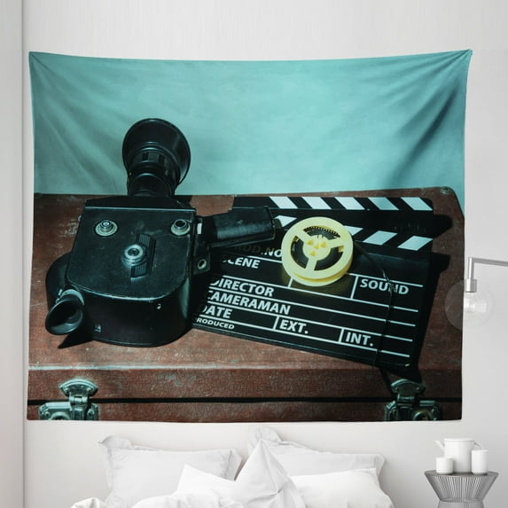 Old Hollywood Tapestry, Retro Style Camera Clapper and Reel with Films on the Scratched Suitcase, Fabric Wall Hanging Decor for Bedroom Living Room Dorm, 5 Sizes, Multicolor, by Ambesonne