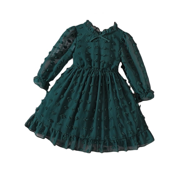IROINNID Girls' Dress Spring and Fall Models Ruffled Edges Round Neck Bow Long Sleeve Dress Set 7T