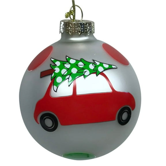 Christmas Ornament With Holiday Icons and Polka Dots Blown Glass 3.75 Inch Diameter Tree