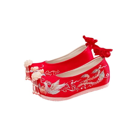 

Rotosw Women Hanfu Shoes Traditional Flats Embroideried Bridal Shoe Red Chinese Style Wedding Warm Red Low Heel 8
