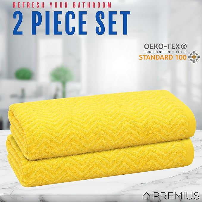 PREMIUS 2 Pack Chevron 100% Cotton Yarn Dyed Bath Towel, Sunstruck-Yellow, 27x54 Inches