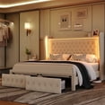 thumbnail image 4 of Homfa King Size LED Bed Frame with Storage Drawers, 54in Tall Velvet Upholstered Headboard Platform Bed with Wingback Buttons Headboard, Beige, 4 of 11