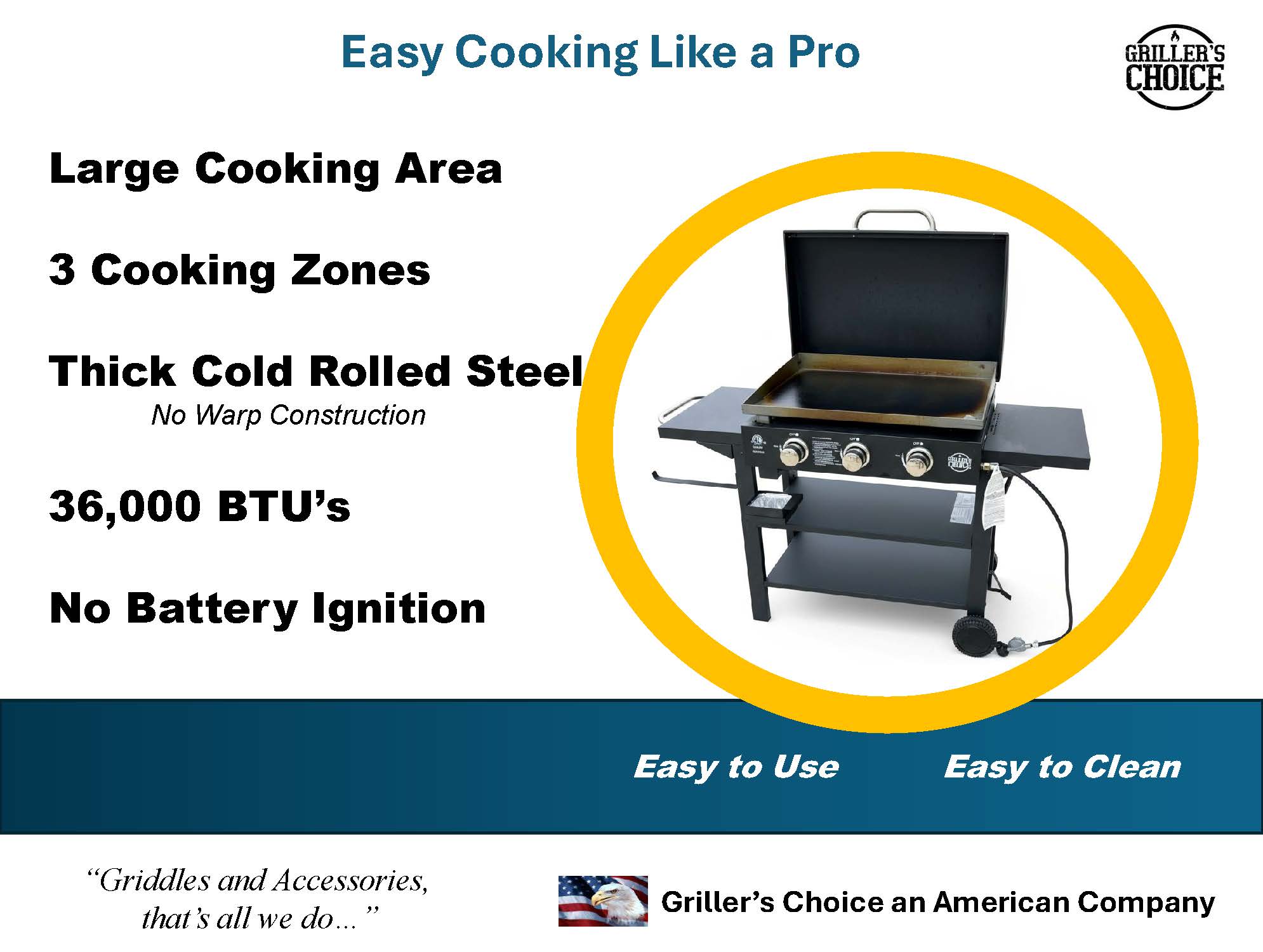 Griller's Choice Propane Gas Griddle with Hinged Hood, Integrated Wind Guards, Front Grease Management, 4 Shelves
