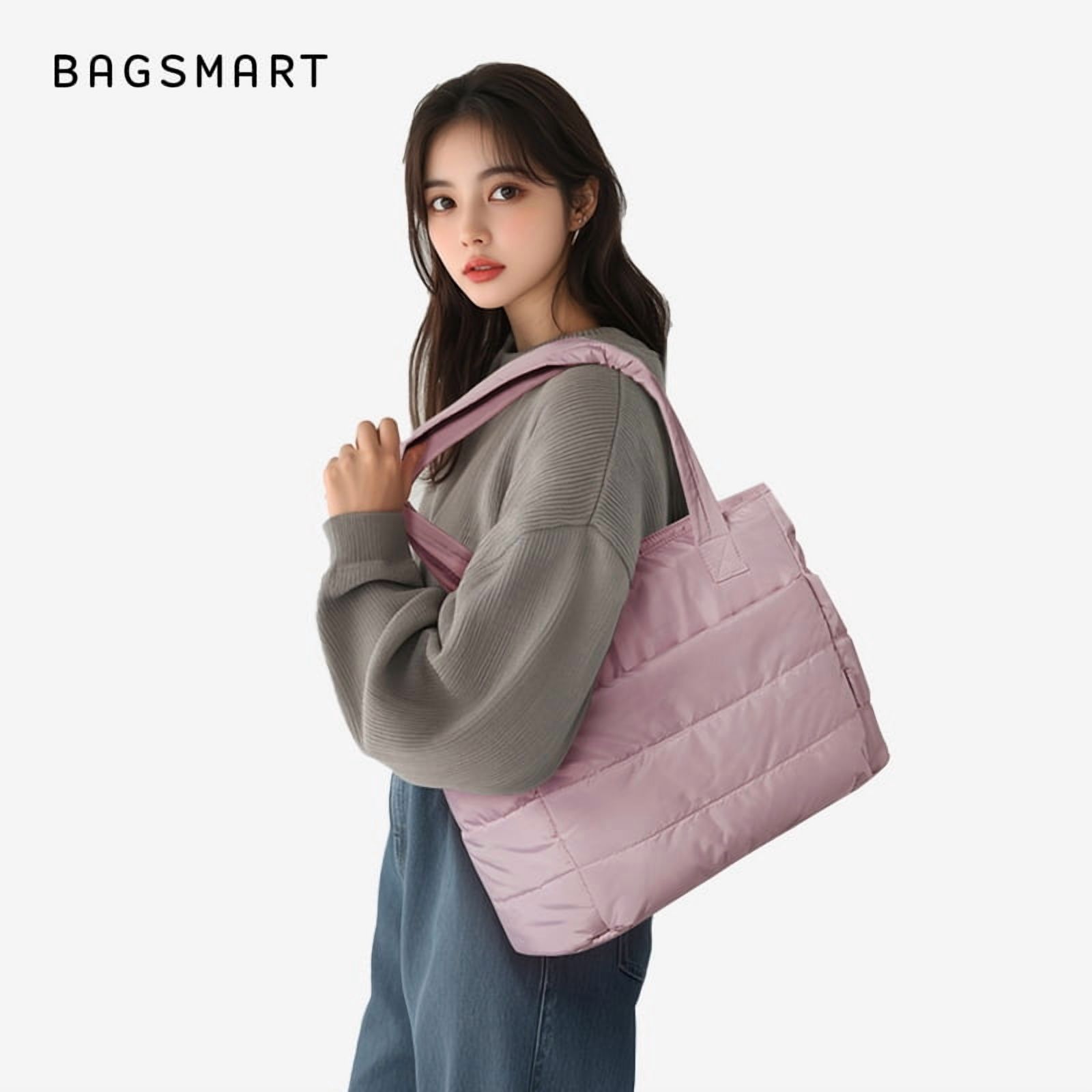 BAGSMART Tote Bag for Women, Lightweight Shoulder Bag with Compartments Puffy Handbag for Travel, Work, Beach, Gym, Shop, Pink