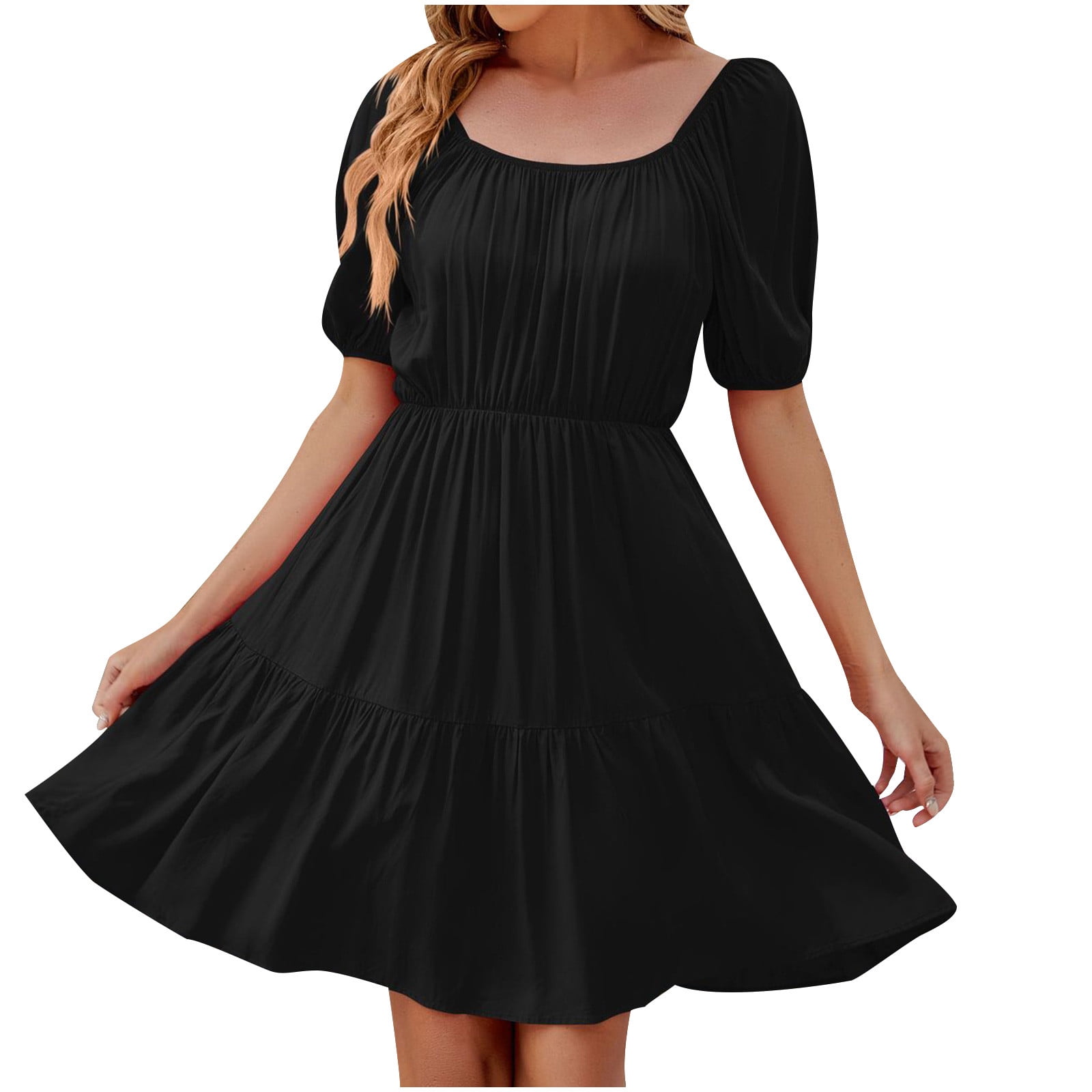 QIPOPIQ Midi Dresses for Women Tiered Short Sleeve New Square Neck Dress Summer Dress Puff Solid Trendy Dress 2023 Deals