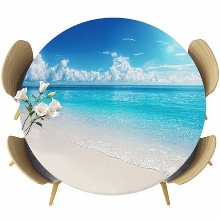 Coastal Beach Round Tablecloth Fitted Table Cover with Elastic for 36 -44 Round Tables Modern Ocean Wave Sea Nautical Sky Blue Table Cloth Outdoor Indoor Dinning Party Waterproof Tablecloths