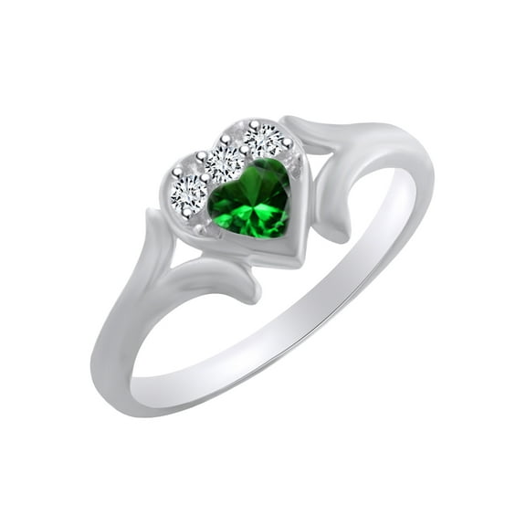 AFFY Heart Shape Simulated Emerald & White Cubic Zirconia Heart Promise Ring In 14k White Gold Over Sterling Silver Ring Size-12