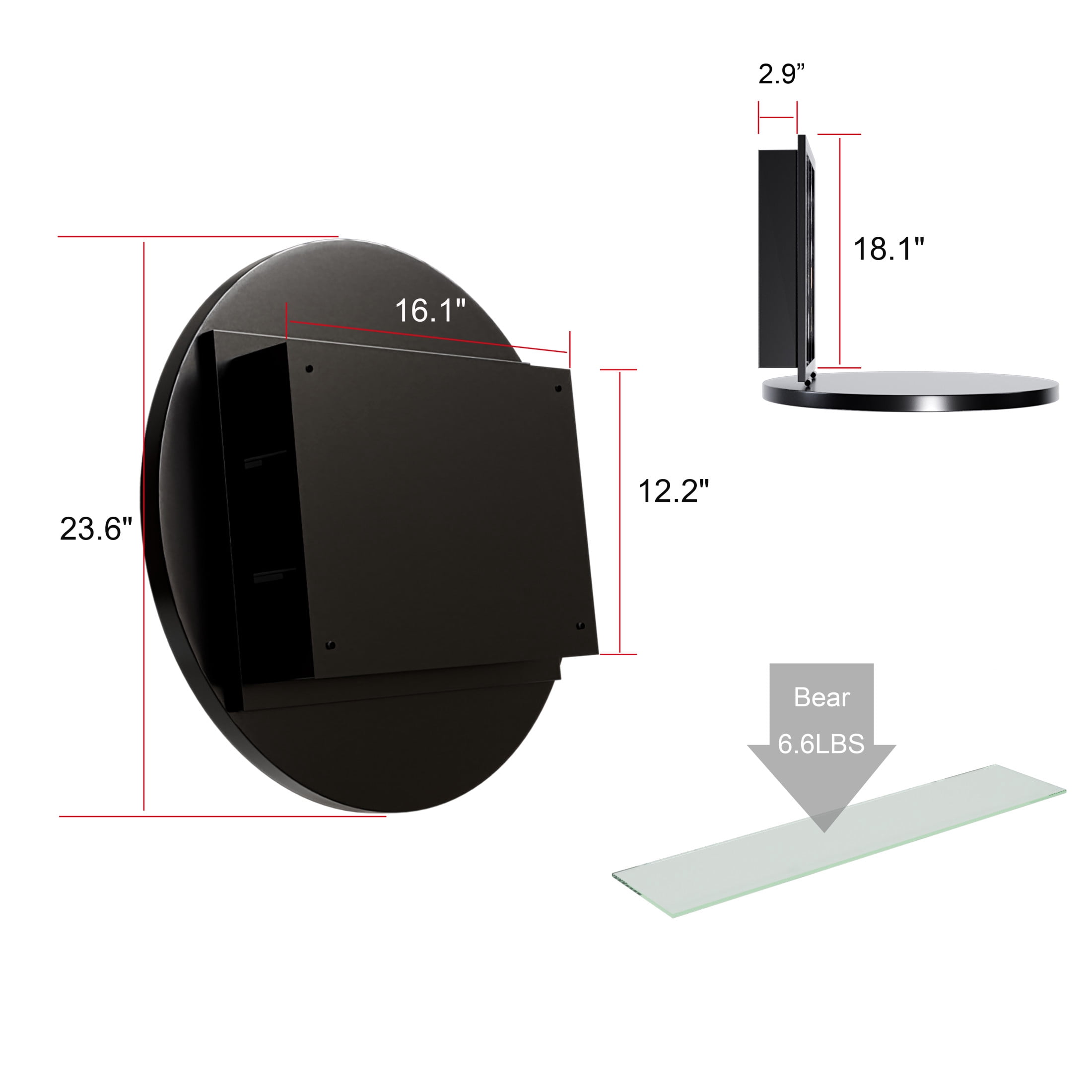 Noble House 24" Round Metal Medicine Cabinet with Mirror, Bathroom Wall Mirror with Adjustable Glass Shelves, Black