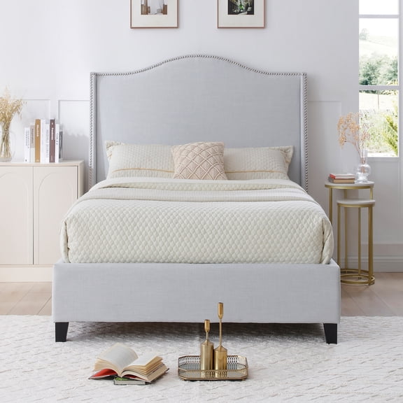 Hampton Linen Fabric Upholstered Twin Platform Bed in Light Blue