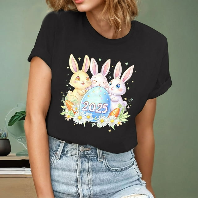 Ounisa T-Shirts à Manches Courtes pour Femmes Col Rond Imprimé Lapin de Pâques Tissu Doux Coupe Ample Printemps Été 2026 Mode Décontractée Quotidienne Confortable Tendance Basique Hauts P-2TG