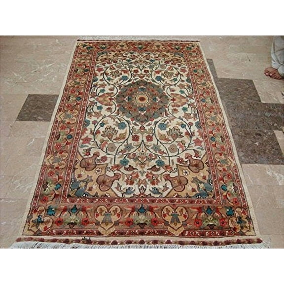 Ahmedani Linen Exclusive Ivory Medallion Designed Any Room Rectangle Area Rugs Hand Knotted Wool Silk Indoor Carpet (6 x 4)'