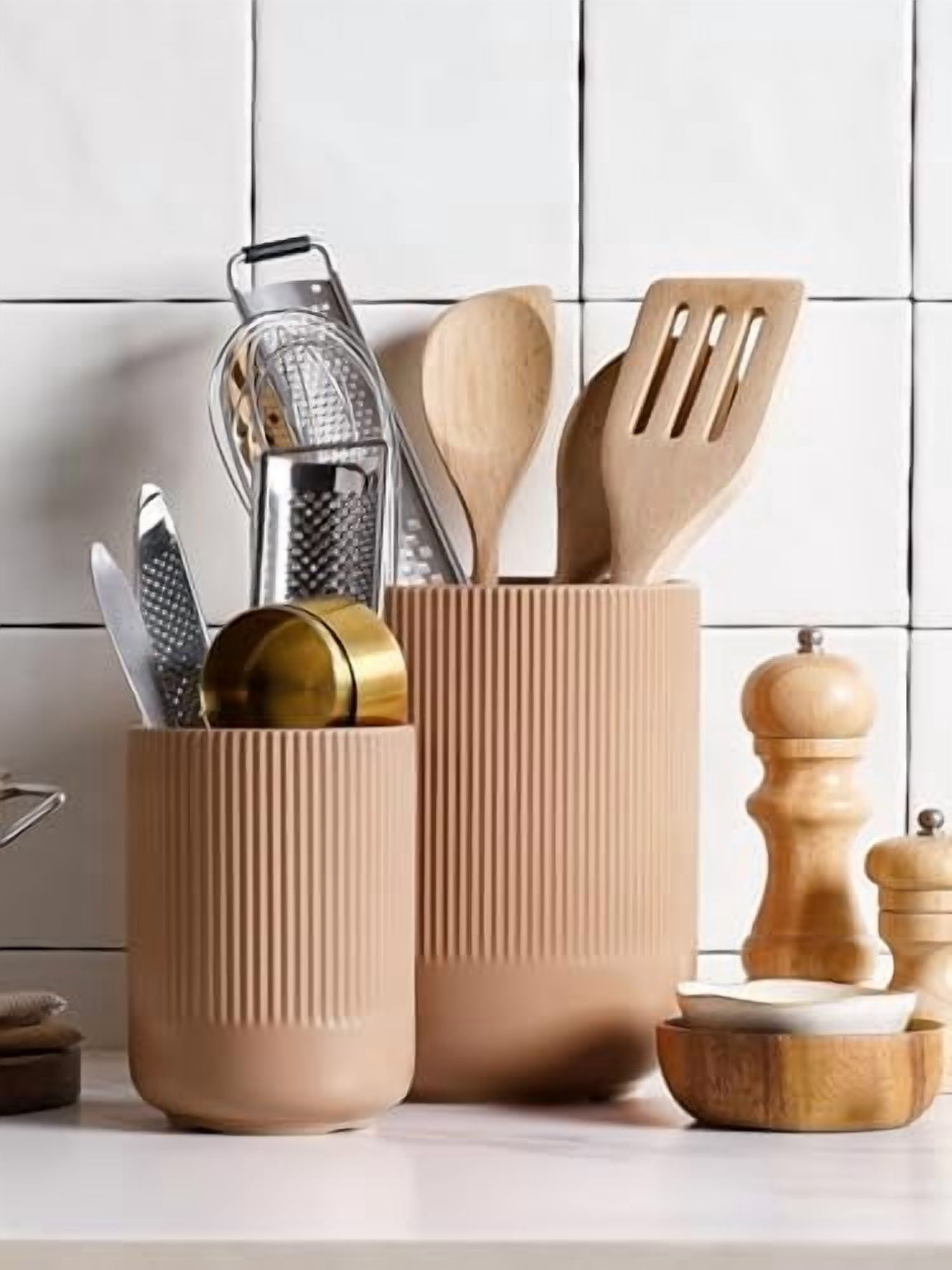 Utensil Holder for Kitchen Counter, 7.3"+5.4" Fluted Ceramic Utensil Crock Organizer for Countertop, Heavy Large Holder for Spatulas, Spoons, Set of 2, Dusty Coral