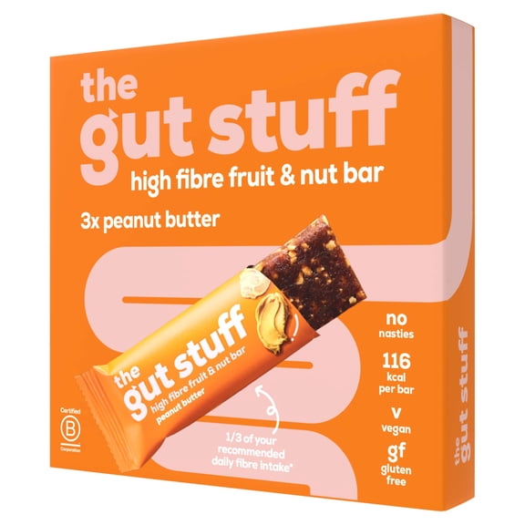 The Gut Stuff High Fibre Fruit & Nut Bar - Peanut Butter 3 x 35g, Imported from Britain