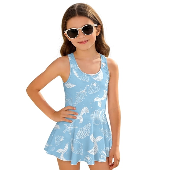 Uourmeti Seashell & Mermaid Tail Print Girls Swim Dress - One Piece Skirted Bathing Suit with Quick Dry, Stretchy Fabric for Pool & Beach