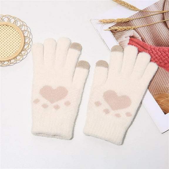 SYMOID Womens White Winter Gloves - Warm Acrylic Knit Touchscreen Gloves with Cute Heart & Cat Paw Patterns, One Size Fits Most, Windproof Ribbed Cuff Gloves,Size Free Size