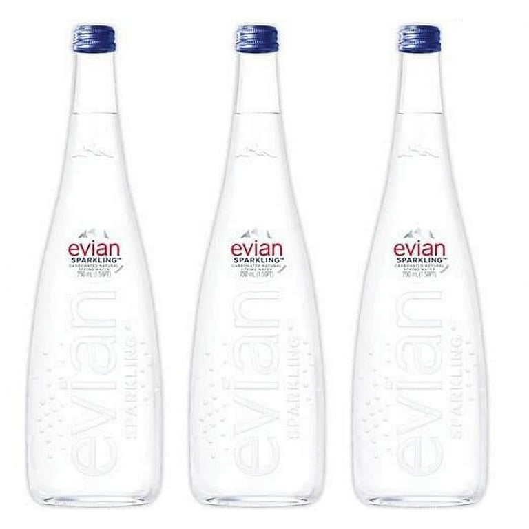 Evian 750mL Sparkling Glass Water Luxury 3 Glass Bottle, Allergens Free