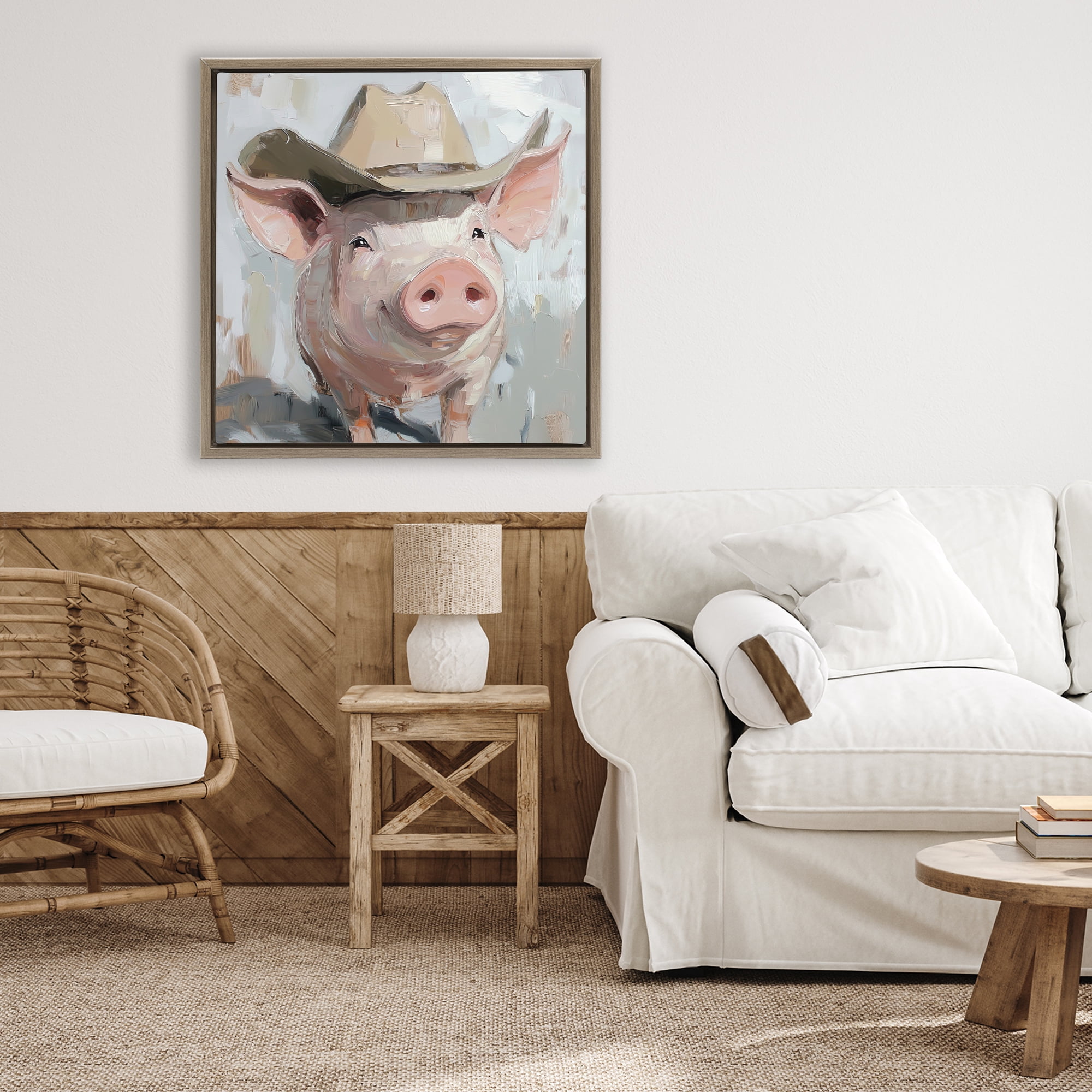 Stupell Industries Cowboy Chester Pig Brown Framed Floater Canvas Wall Art, design by Tina LeCour