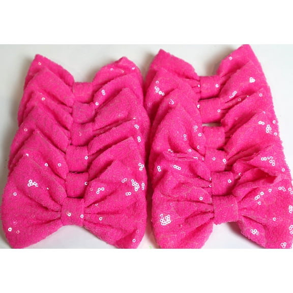 Set of 12 Neon Pink Sequin Bows 5 Inches Large Glitter Bows Wholesale Bows, DIY Fabric Hair Bows - No Clips