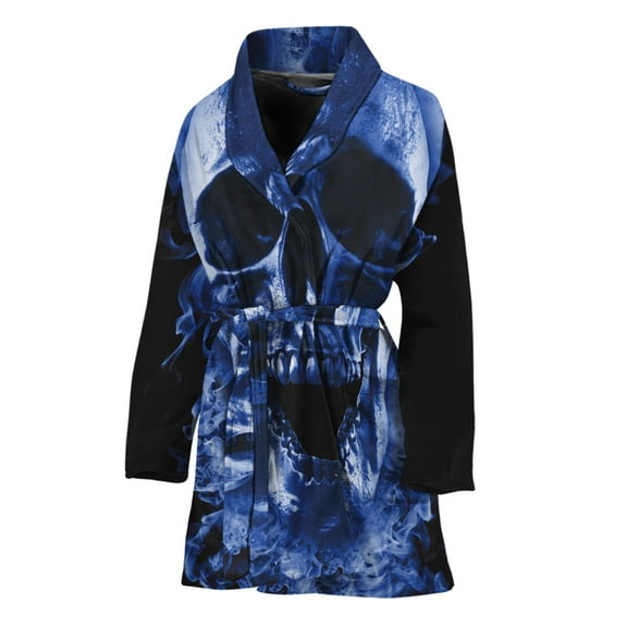 Blue Flaming Skull Women Bathrobe One Size Univeral Fits, Skull Lover Gifts Fashion Lightweight Plush Fleece Long Robe For Women