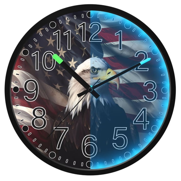 Ryvnso Eagle and Flag 12 Inch Night Light Wall Clock Silent Battery Operated Luminous Clocks