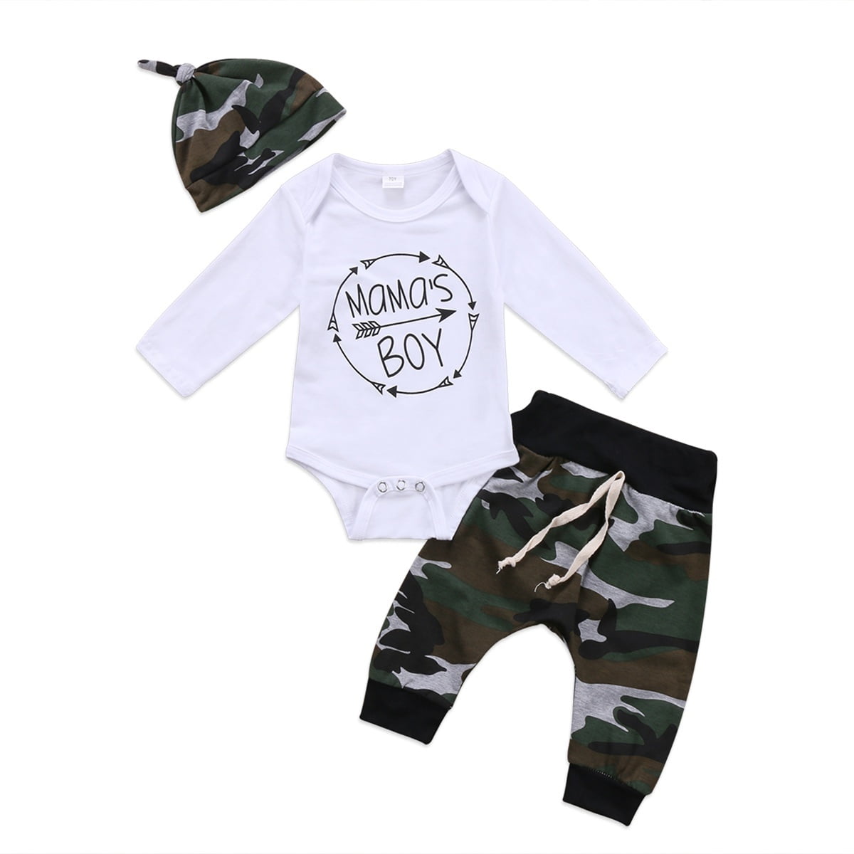New 3Pcs Set Newborn Toddler Infant Baby Boy Long Sleeve Tops Romper Camouflage Pants Hat 3Pcs Kids Outfits Clothes
