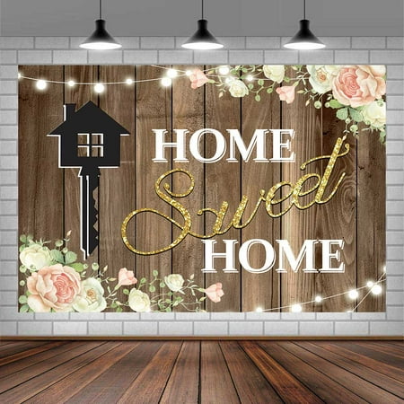Rustic Wooden Housewarming Photography Backdrops Pink Floral Home Sweet Home Key Shining Lights Background New House Party Decorations Wooden Floor Wedding Photo Backdrop Props Supplies 9X6FT
