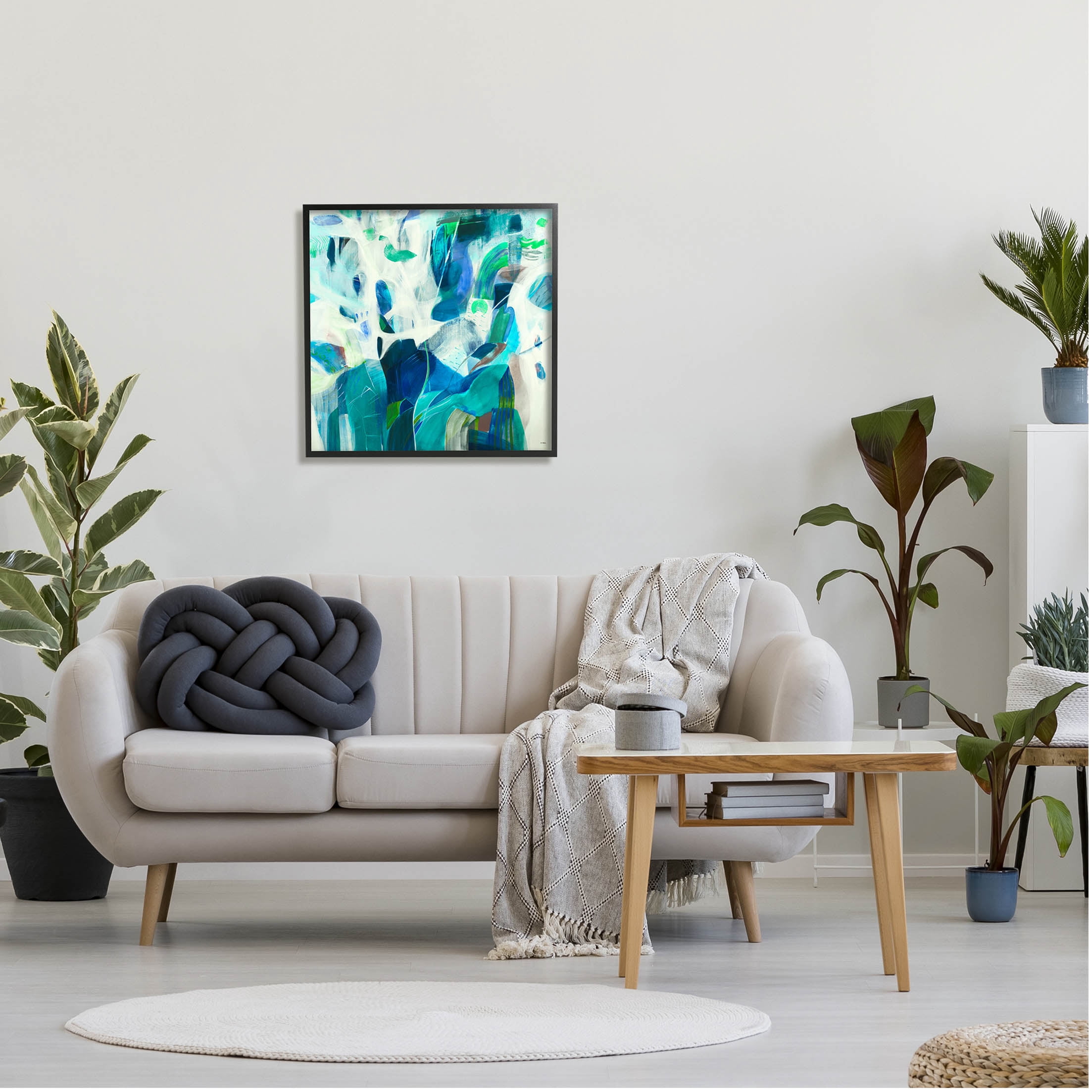 Wavy Blue Abstract Forms Abstract Painting Black Framed Art Print Wall Art